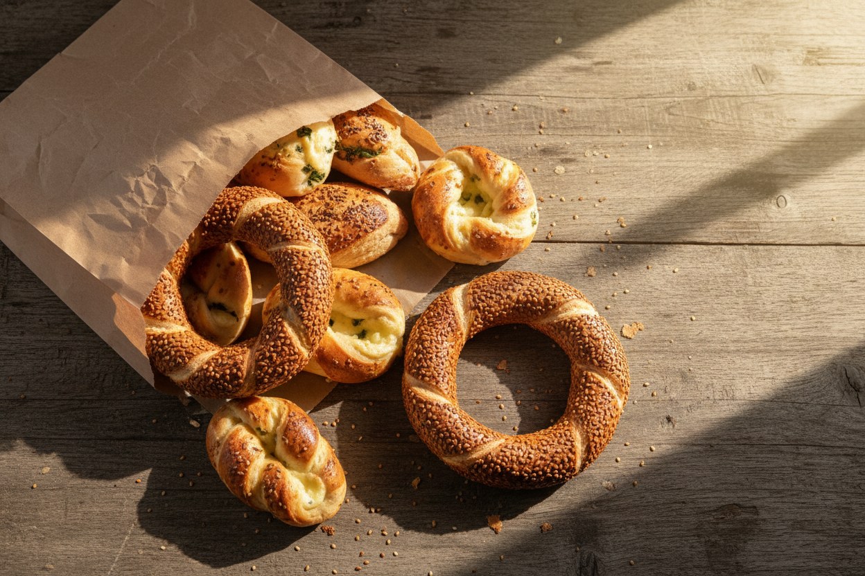 Simit, poğaça ve açmadan oluşan karışık sabah paketi